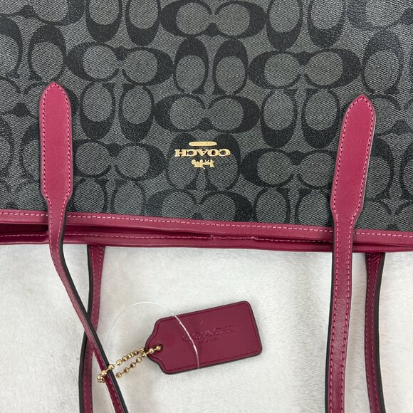 Coach Signature Canvas 5696 City Tote Bag In IM/Brown/Black Cherry-Large - Picture 7 of 16